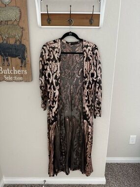 Sheer Long Embroidered Duster in Black and Rose Gold